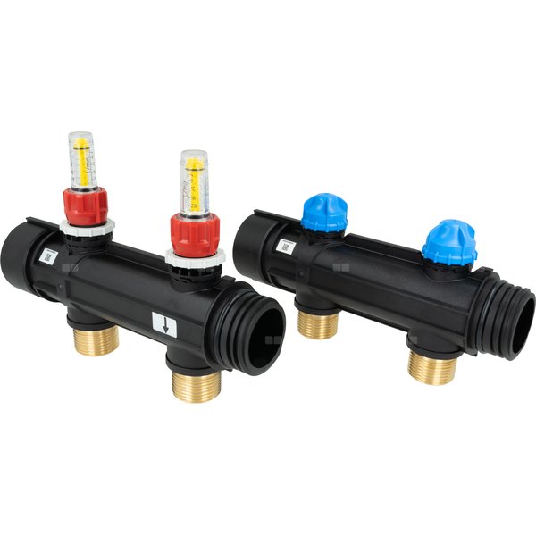 Dwa obiegi rozdzielacza ProCalida IN 1 1/2'', rozstaw 100 mm, G1'', rotametry 4÷20 l/min