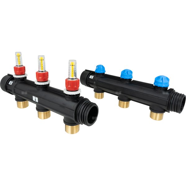 Trzy obiegi rozdzielacza ProCalida IN 1 1/2'', rozstaw 100 mm, G1'', rotametry 4÷20 l/min