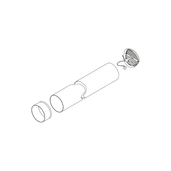 Zestaw odprowadzenia powietrza – montaż na ścianie zewnętrznej (złączka ABS ∅ 125 mm rura PVC o dł. 1 m ∅ 125 mm, kratka wentylacyjna ze sprężyną i otworem od 100 do 160 mm. 15 mm grubości).