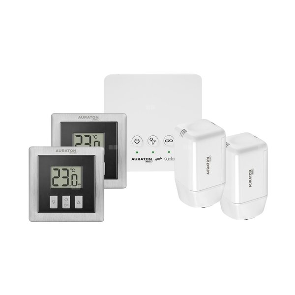 2x Radiator Controller, 2x Heat Monitor, 1x AURATON Box AURATON SMART Starter pack 1 czarny do systemu sterowania instalacji domowej