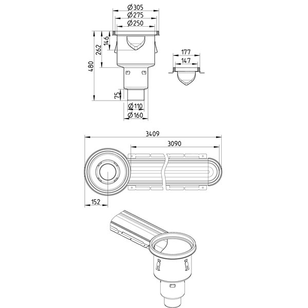 HYGIENICPRO Korpus kanału (do dokupienia syfon typ 562, kosz osadczy typ 780 oraz ruszt typ 697.250.150.50 ) wymiar 150x3000 E OUTLET odpływ na końcu, średni model kosz osadczy 780.004.020.05