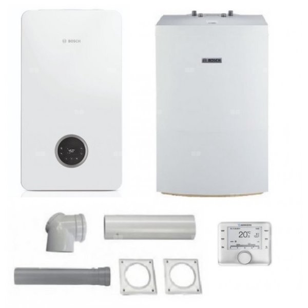 Pakiet - Kocioł gazowy jednofunkcyjny BOSCH TERMOTECHNIKA CONDENS GC2300iW20P kondensacyjny wiszący 21.2 kW + Czujnik temperatury zewnętrznej+ Zestaw powietrzno-spalinowy2581 (do szachtu) + Czujnik c.w.u. + RegulatorCW400 + Zasobnik c.w.uWD160B