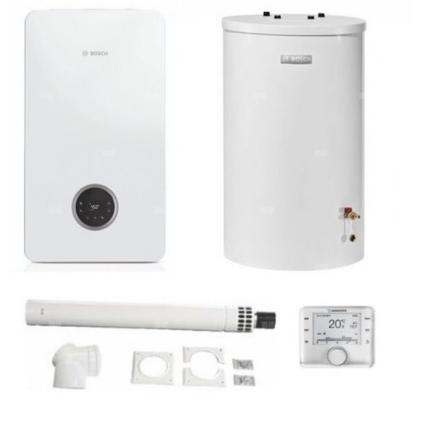 Pakiet - Kocioł gazowy jednofunkcyjny BOSCH TERMOTECHNIKA CONDENS GC2300iW15P kondensacyjny wiszący 16.1 kW+ Zestaw powietrzno-spalinowy2574 (poziomy) + Czujnik c.w.u. + RegulatorCW400 + Zasobnik c.w.uWST120-5O