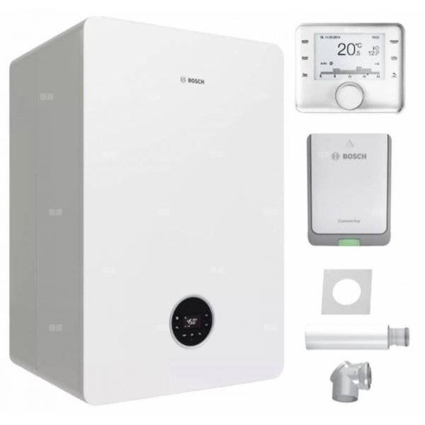 Pakiet - Kocioł gazowy dwufunkcyjny BOSCH TERMOTECHNIKA CONDENS GC5300iWT24/48 kondensacyjny wiszący 22 kW + Czujnik temperatury zewnętrznej + RegulatorCW400 + Zestaw powietrzno-spalinowy szachtowy2581+ Moduł sterowaniaK30RF + Zasobnik c.w.uwbududowany wężownicowy 48 l