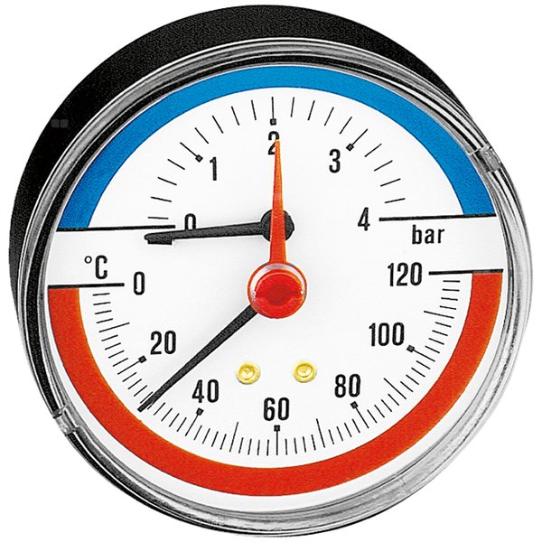 Termometr/manometr. Przyłącze środkowe, tylne 1/2" 0-4 bar