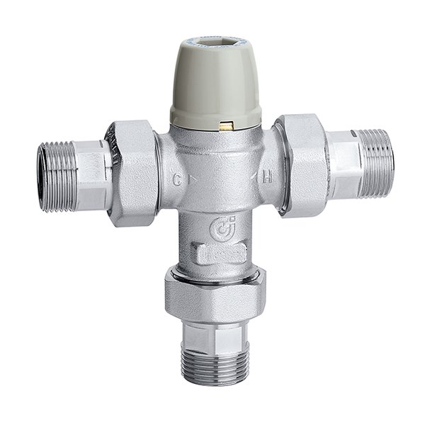 Regulowany, termostatyczny zawór mieszający z zaworami zwrotnymi i filtrami na wlotach 3/4" 30÷50 st. C
