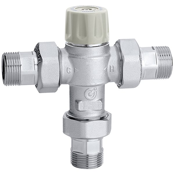 Regulowany, termostatyczny zawór mieszający z pokrętłem, zaworami zwrotnymi i filtrami na wlotach 1/2" 30÷50 st. C