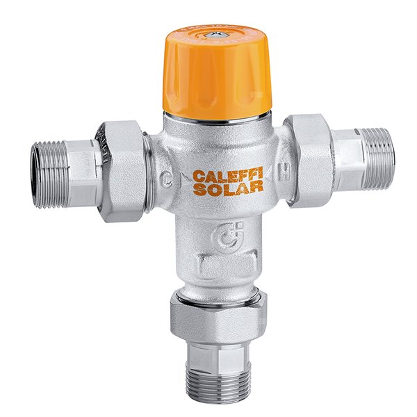 Regulowany termostatyczny antyoparzeniowy zawór mieszający z zaworami zwrotnymi i filtrami do instalacji solarnych. Z funkcją oc