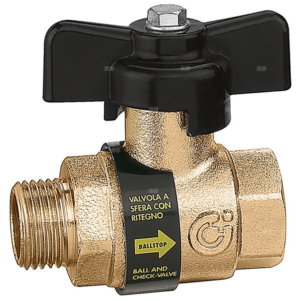 BALLSTOP - Zawór kulowy z wbudowanym zaworem zwrotnym z gwintem zewnętrzny i wewnętrznym. Pokrętło motylkowe 1/2" GZ x 1/2" GW