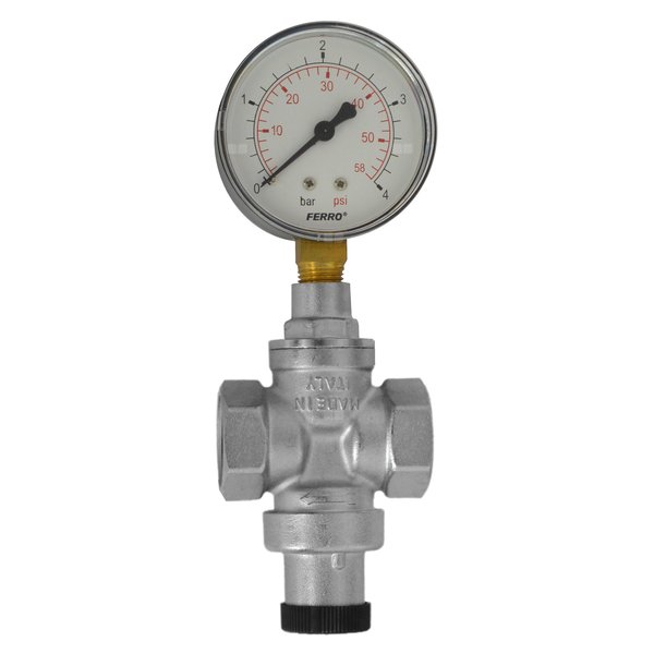 Regulator ciśnienia wody FERRO mosiądz (niklowany), GW 1/2'', 16 bar z manometrem