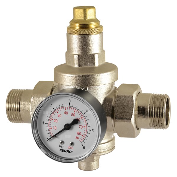 Regulator ciśnienia wody FERRO mosiądz, GZ 1'', 25 bar z manometrem