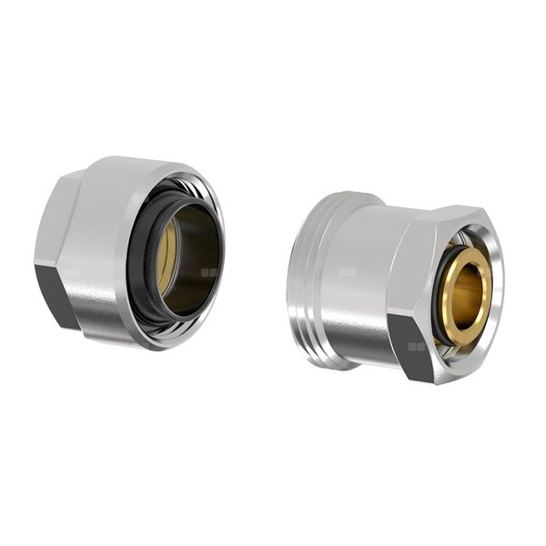 Złącze FLAMCO PLUS DVGW dwuczęściowy, mosiądz (niklowanie) / mosiądz (niklowanie), 3/4'' x 1/2'' (eurokonus x PZ), 30.9 mm z uszczelką, PN10 bar