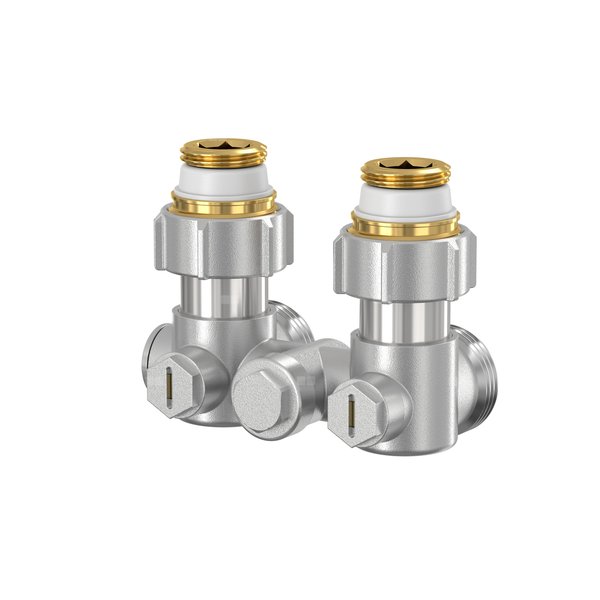 Moduł przyłączeniowy kątowy FLAMCO mosiądz (niklowanie) 1/2'' GZ x 3/4'' Eurokonus, rozstaw 50 mm do grzejników