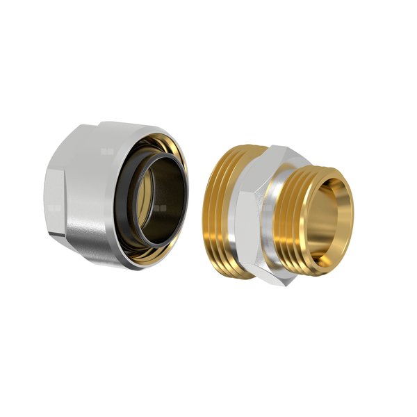 Złącze FLAMCO PLUS DVGW dwuczęściowy, mosiądz (niklowanie) / mosiądz (niklowanie), 3/4'' x 1/2'' (eurokonus x PZ), 44.2 mm z uszczelką, PN10 bar