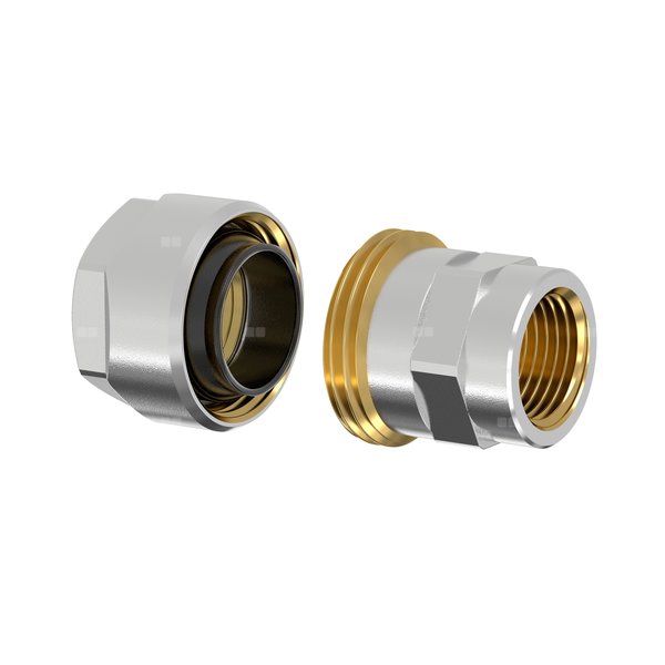 Złącze FLAMCO PLUS DVGW dwuczęściowy, mosiądz (niklowanie) / mosiądz (niklowanie), 1 1/4'' (GW gazowy walcowy x PZ), 57 mm z uszczelką, PN10 bar