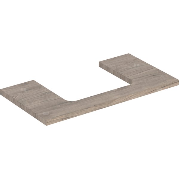 Blat pod umywalkę Geberit ONE z wycięciem, do prostokątnej umywalki nablatowej: B=89.4cm, Orzech włoski hickory, Przekrój=Na środku, Melamina, struktura drewna