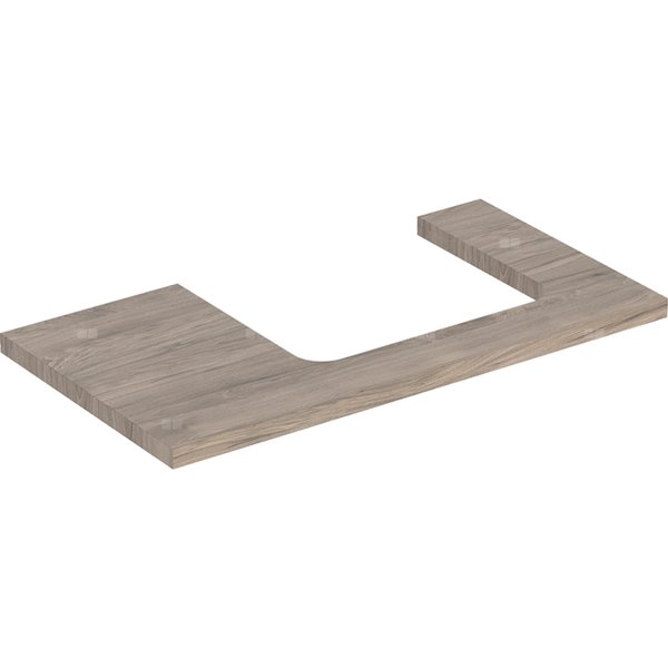 Blat pod umywalkę Geberit ONE z wycięciem, do prostokątnej umywalki nablatowej: B=89.4cm, Orzech włoski hickory, Przekrój=Prawa strona, Melamina, struktura drewna