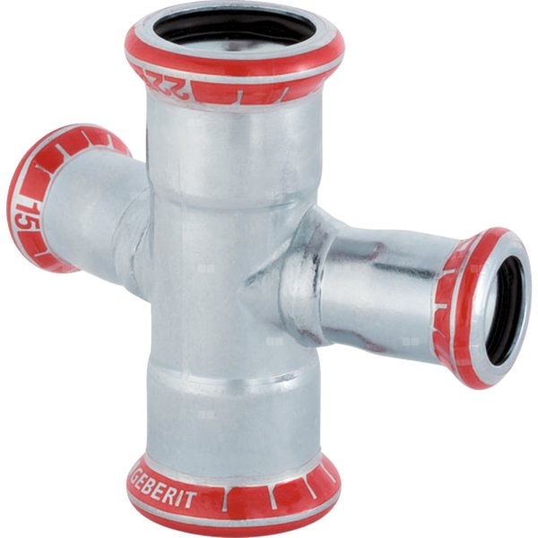 Czwórnik GEBERIT Mapress C-Stahl 30' stal, 22 mm x 15 mm x 22 mm x 15 mm DN 20 x DN 12 x DN 20 x DN 12, mz x mz x mz x mz