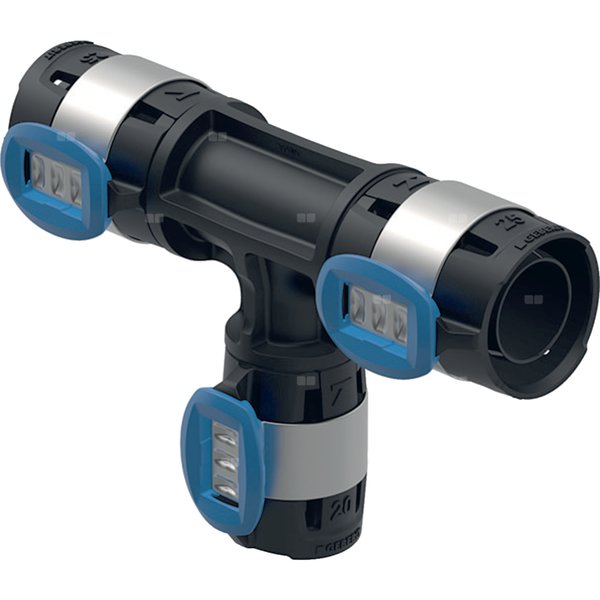 Trójnik redukcyjny Geberit FlowFit: Materiał=PPSU, d=25mm, d1=16mm, d2=20mm