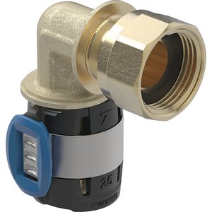 Kolanko przejściowe Geberit FlowFit 90 st. z nakrętką: Materiał=Brąz krzemowy bezołowiowy (CuZn21Si3P), d=20mm, di=11mm, G=1/2 "