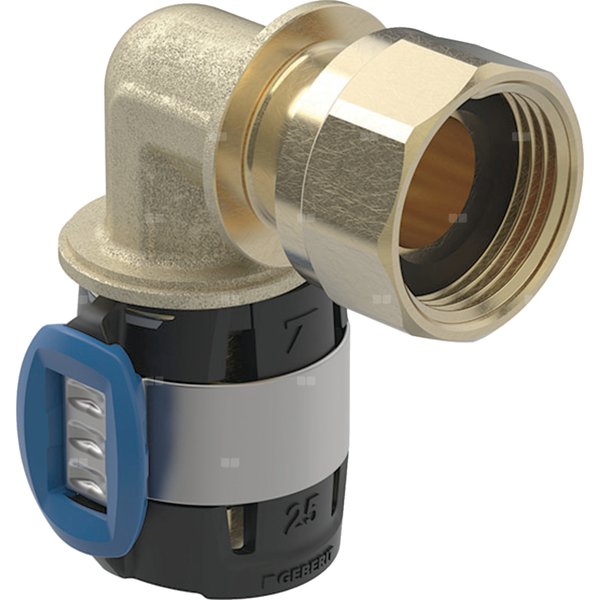 Kolano 90' GEBERIT FlowFit, brąz krzemowy bezołowiowy, 1'' x 25 mm (nakrętka x łącznik zaprasowywany)