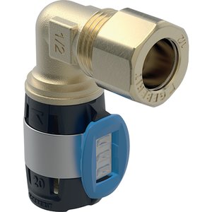 Kolano przejściowe Geberit FlowFit 90 st. ze śrubunkiem zaciskowym: Materiał=Brąz bezołowiowy (CuSn4Zn2PS), d=16mm, d1=12mm