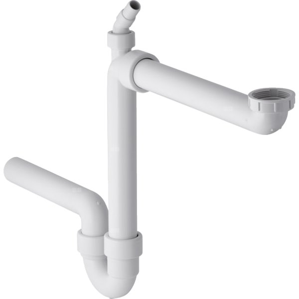 Syfon rurowy Geberit do zlewozmywaka, model oszczędzający przestrzeń, z łącznikiem kątowym wężyka, wylot poziomy: d=40mm, G=1 1/2″, Biały-alpin