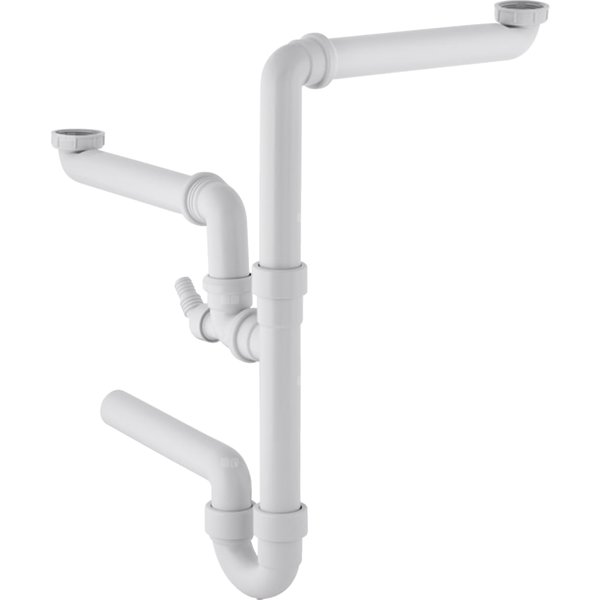 Syfon rurowy Geberit do dwóch odsadzkowych zlewozmywaków, z łącznikiem kątowym wężyka, wylot poziomy: d=40mm, G=1 1/2″, Biały-alpin