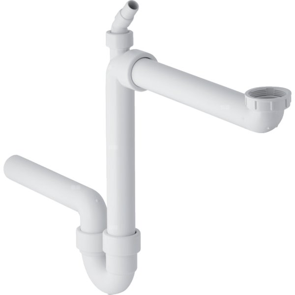 Syfon rurowy Geberit do zlewozmywaka, model oszczędzający przestrzeń, z łącznikiem kątowym wężyka, wylot poziomy: d=50mm, G=1 1/2″, Biały-alpin