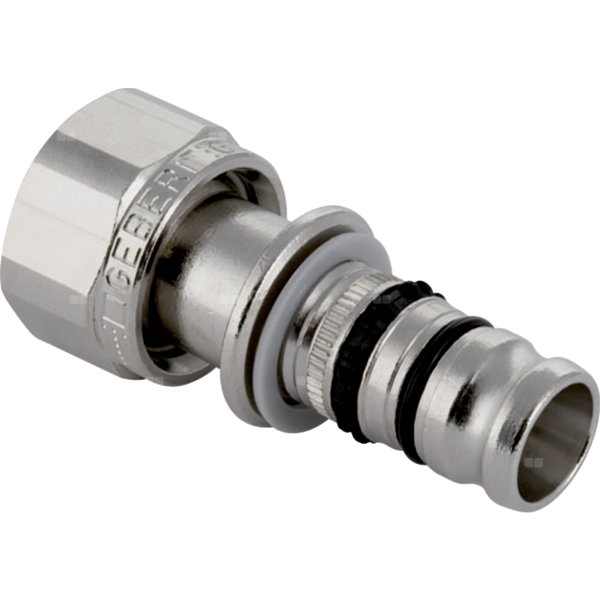 Półśrubunek GEBERIT Mepla przejściowy do zaworów, mosiądz nikiel (niklowanie) / mosiądz (niklowanie), 1/2'' x 20 mm (końcówka wciskowa x eurokonus), (głębokość: 11 mm) z uszczelką