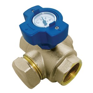 Wielofunkcyjny zawór kulowy z niebieskim pokrętłem i termometrem 0-120 C. 25x25