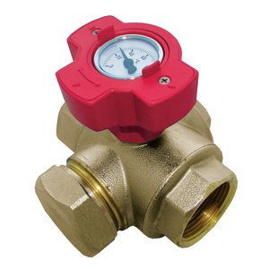 Wielofunkcyjny zawór kulowy z czerwonym pokrętłem i termometrem 0-120 C. 25x25