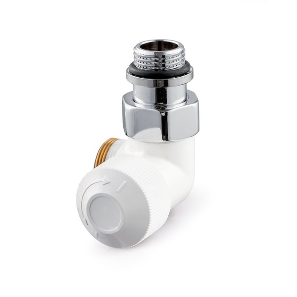Zawór termostatyczny Thera Design, biały, narożny, prawy, 1/2", konieczne złączki FEM24C/FEM24P/FEM24M