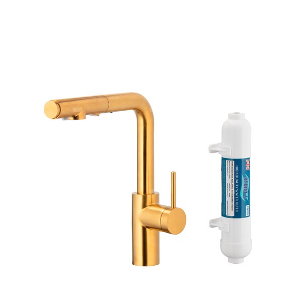 DUERO PURE BASIC PULL-OUT BATERIA KUCHENNA Z FUNKCJĄ FILTRACJI WODY I WYCIĄGANĄ WYLEWKĄ, BRUSHED GOLD + FILTR HYDRO+