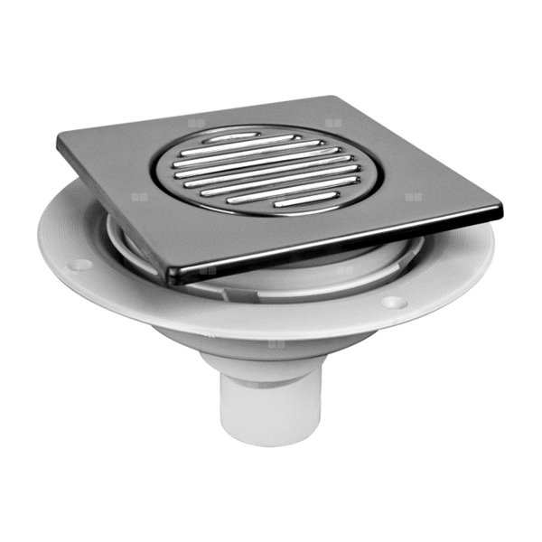 Wpust podłogowy wykonany z ABS z odpływem 50mm, czyszczony od góry z kratką ze stali nierdzewnej150x150mm