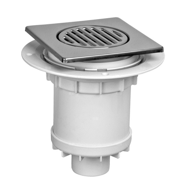 Wpust podłogowy wykonany z ABS z odpływem 110/50mm, czyszczony od góry z kratką ze stali nierdzewnej115x115mm