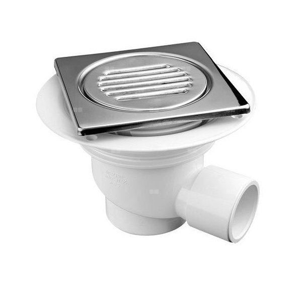 Wpust podłogowy wykonany z ABS z odpływem 50mm, czyszczony od góry z kratką ze stali nierdzewnej 150x150mm