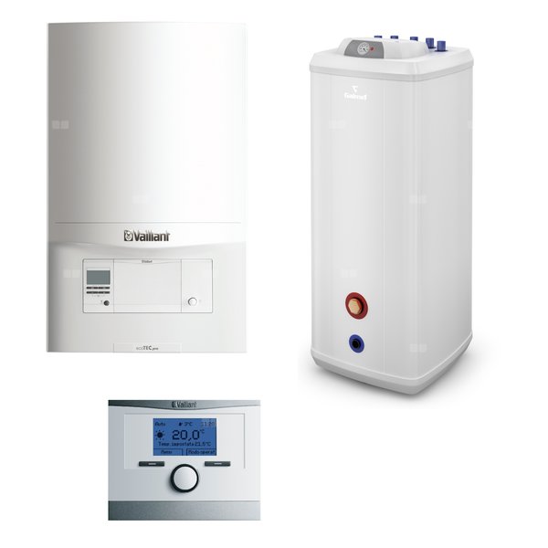 Pakiet - Kocioł gazowy jednofunkcyjny VAILLANT ecoTEC pro VC 146/5-3 kondensacyjny wiszący 5.9 - 15.3 kW + Czujnik c.w.u. + RegulatorcalorMATIC 350 + Zasobnik c.w.uVulcan 120L stojący