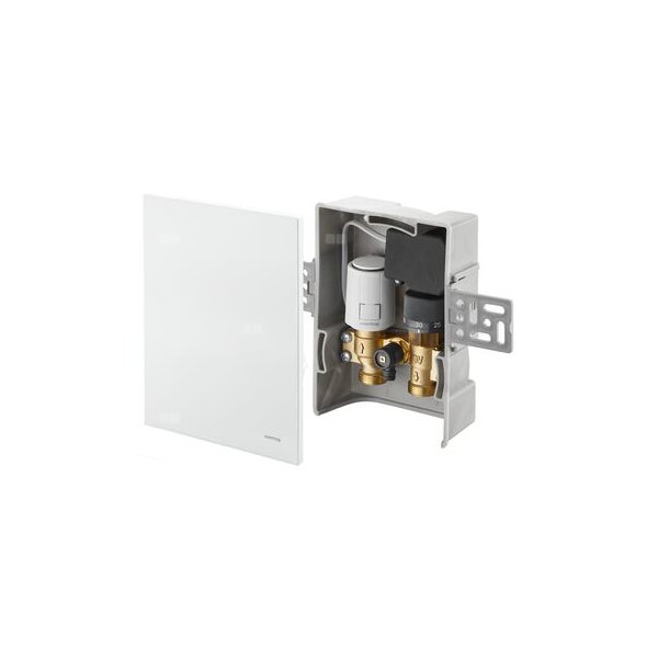 Unibox TQ-RTL R-Tronic, regulator temperatury pomieszczenia i ogranicznik temperatury powrotu, z bezprzewodowym odbiornikiem i automatycznym zaworem termostatycznym Q-tech, z maskownicą z tworzywa, białą