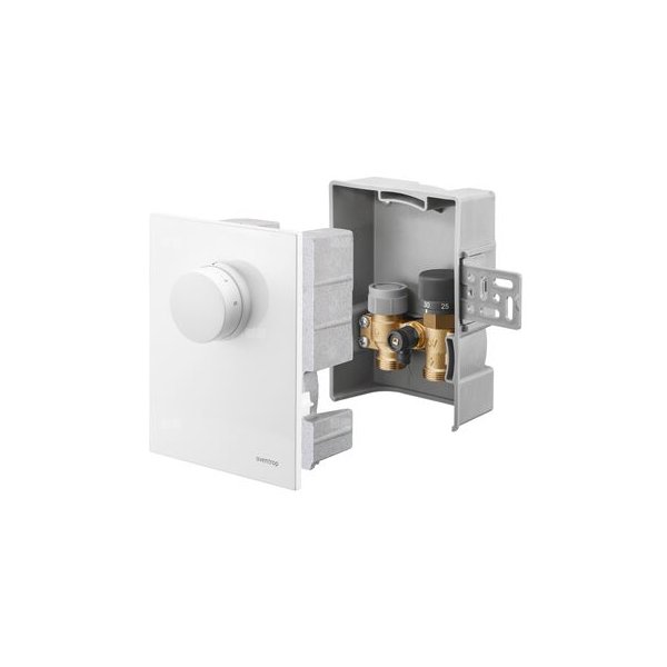 Unibox TQ-RTL, regulator temperatury pomieszczenia i ogranicznik temperatury powrotu, z termostatem Uni FHU i zaworem Q-tech, z maskownicą z tworzywa, białą, ze zintegrowanym pokrętłem