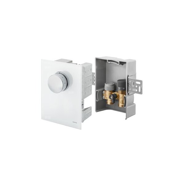 Unibox TQ-RTL, regulator temperatury pomieszczenia i ogranicznik temperatury powrotu, z termostatem Uni FHU i zaworem Q-tech, z maskownicą szklaną, białą, ze zintegrowanym pokrętłem