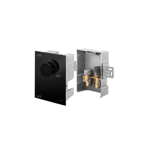 Unibox TQ-RTL, regulator temperatury pomieszczenia i ogranicznik temperatury powrotu, z termostatem Uni FHU i zaworem Q-tech, z maskownicą szklaną, czarną, ze zintegrowanym pokrętłem