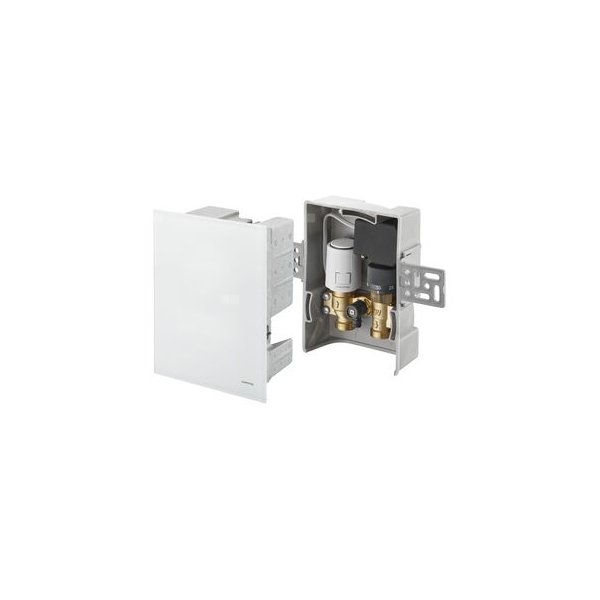 Unibox TQ-RTL R-Tronic, regulator temperatury pomieszczenia i ogranicznik temperatury powrotu, z bezprzewodowym odbiornikiem i automatycznym zaworem termostatycznym Q-tech, z maskownicą szklaną, białą