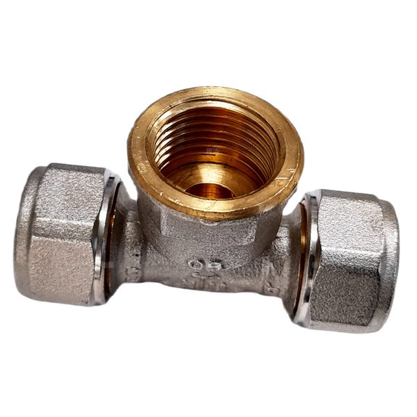 Trójnik QIK Skręcany do rur wielowarstwowych mosiądz 16 mm x 1/2'' x 16 mm (złącze skręcane x GW x złącze skręcane)