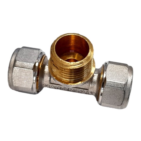 Trójnik QIK Skręcany do rur wielowarstwowych mosiądz 16 mm x 1/2'' x 16 mm (złącze skręcane x GZ x złącze skręcane)