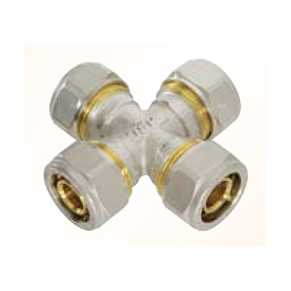 Czwórnik QIK czwórnik skręcany mosiądz, 16 mm x 16 mm x 16 mm x 16 mm, złącze skręcane x złącze skręcane x złącze skręcane x złącze skręcane