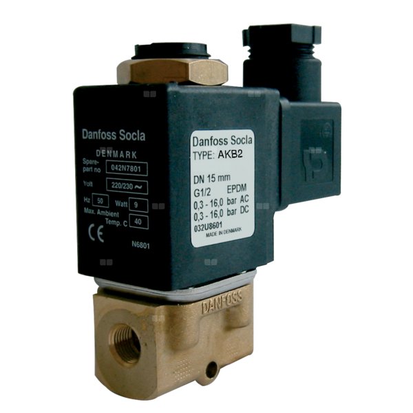 Typ AKB2 - zawór elektromagnetyczny bezpośredniego działania wraz z cewką, normalnie zamknięty, zasilanie: 230V 50Hz, uszczelki i membrana: FKM, Pnom 3,5 MPa, tmax=100 st.C. 1/2''