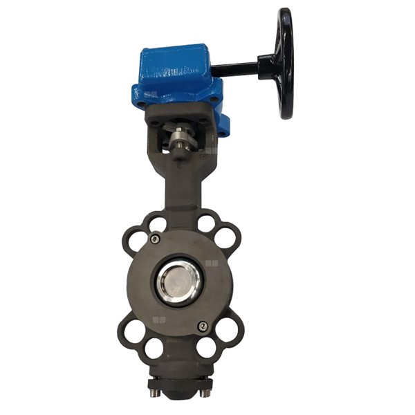 Przepustnica bezkołnierzowa EMARIS z przekładnią ślimakową, dysk: AISI316, wykładzina: PTFE +15% Grafit, korpus: stal WCB, Pnom 2,5 MPa, tmax=260 st.C