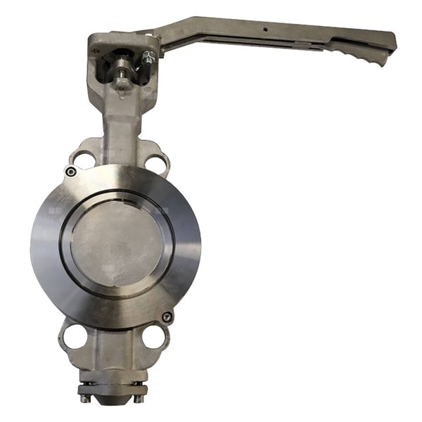 Przepustnica bezkołnierzowa EMARIS z dźwignią reczną, dysk: AISI316, wykładzina: PTFE +15% Grafit, korpus: AISI316, Pnom 2,5 MPa, tmax=260 st.C DN 125