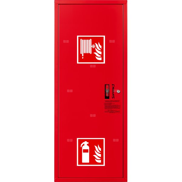 Hydrant DN 33 zawieszany boczny z miejscem na gaśnicę, wąż 30 m, ocynk fasada, zamek patent, RAL 3000 lewy